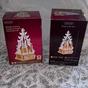 Wooden Holiday Scene with Gold and White Details - Set of 2